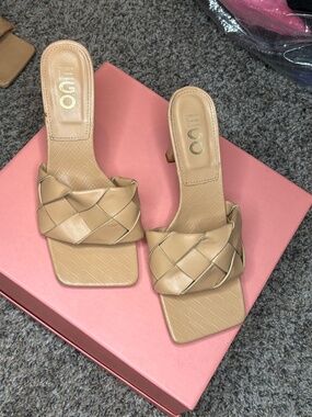 Nude Woven Strap Heels | Square Toe Mule Sandals | Size 8.5